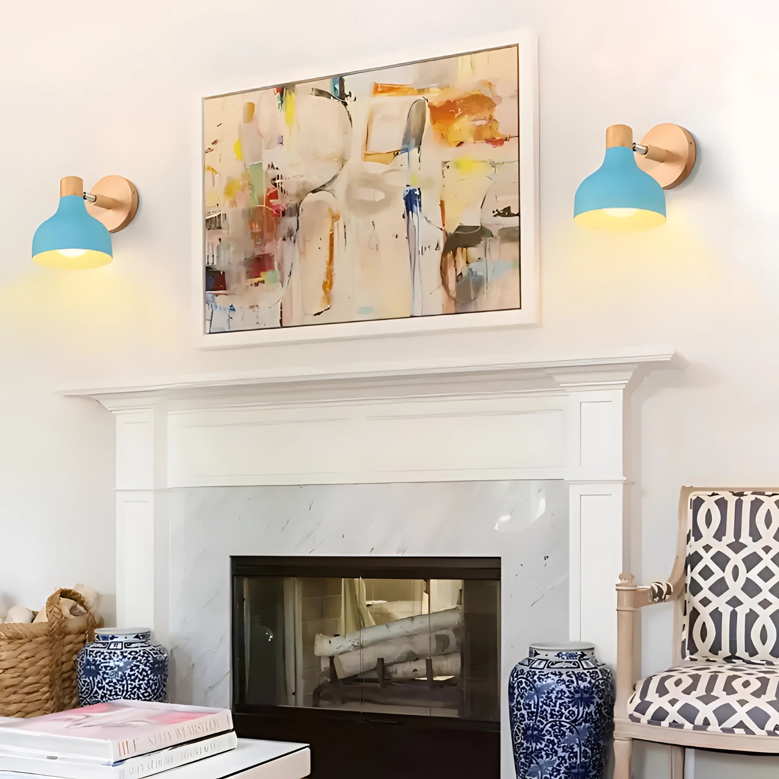 Blue wooden base wall lamp with modern Scandinavian design, featuring an adjustable sconce mounted on a white wall in a well-decorated interior.