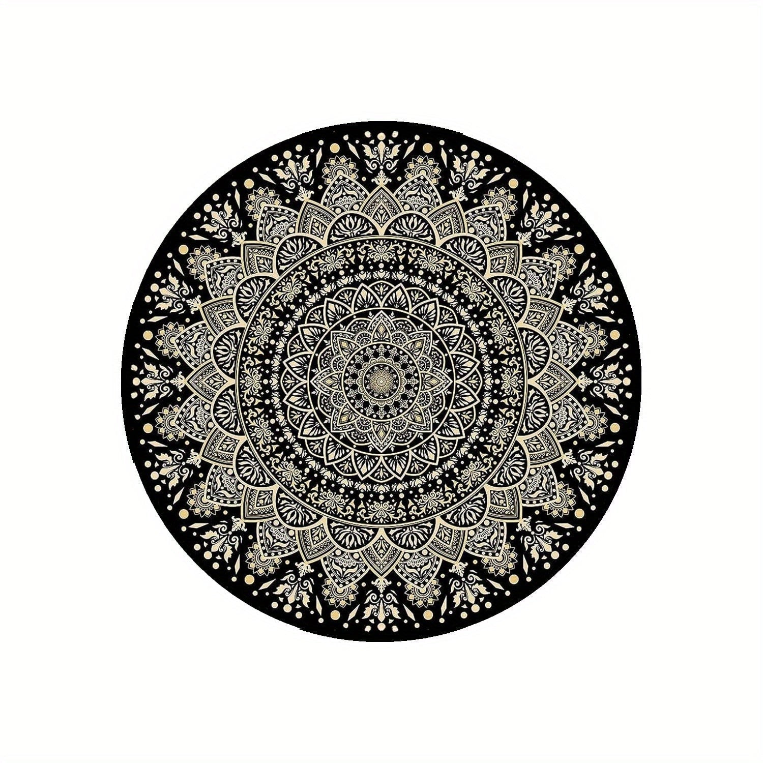 Bohemian Chic Round Mandala Rug in black and white featuring a detailed circular pattern with artistic monochrome design, perfect for modern decor settings.