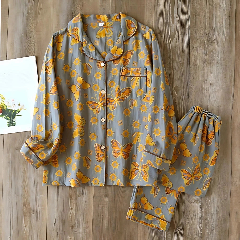 Turquoise paisley summer trousers for women with a bohemian floral print design, shown in a grey color variant, size XL.
