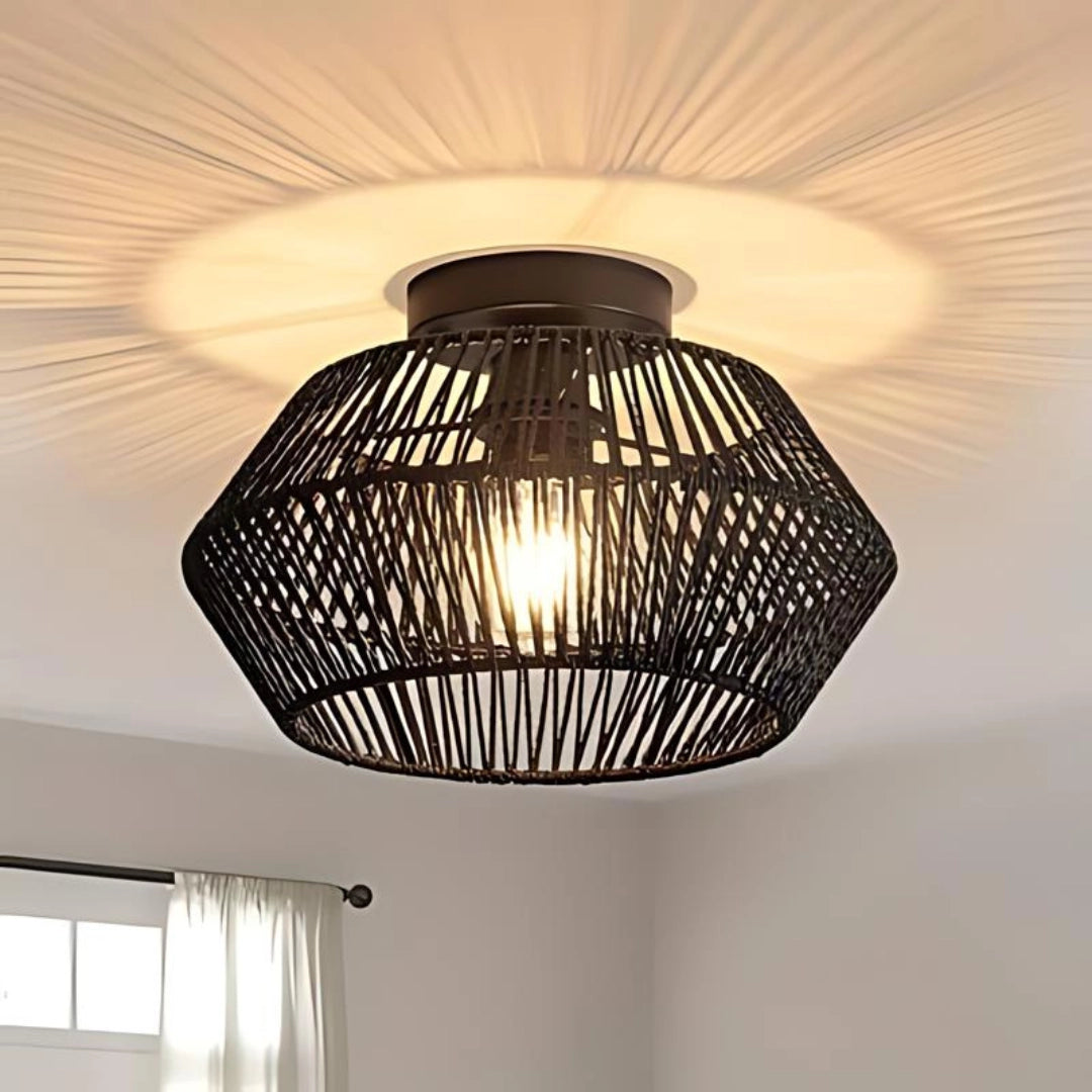 Bohemian wicker ceiling light with a natural fiber basket weave design in a black shade, showcasing the intricate detailing of the woven material.