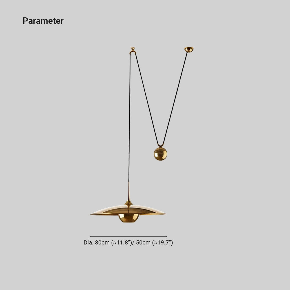 Brass geometric pendant light with adjustable ceiling feature, showcasing a unique design with metal circles and triangles.