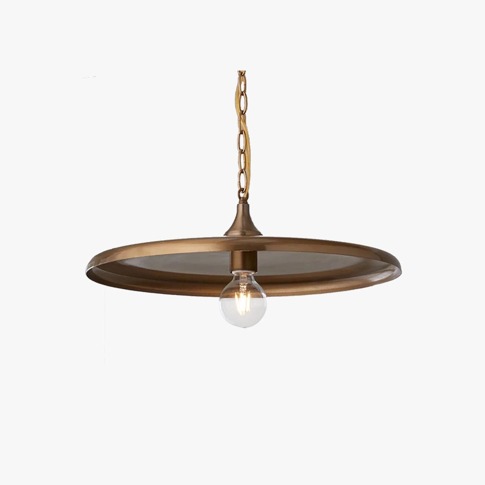 Bronze minimalist circular metal pendant light with an adjustable chain, suitable as a ceiling fixture, featuring a simple and elegant design in a metallic finish.