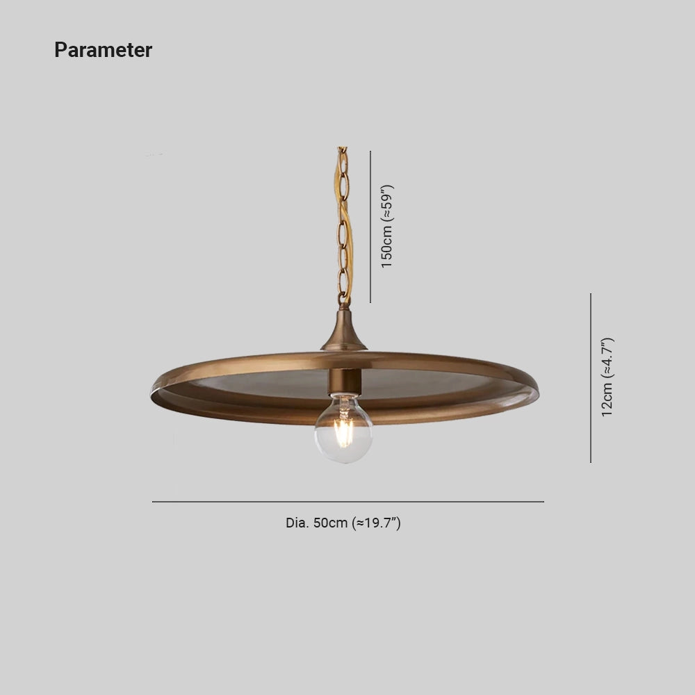 Bronze minimalist circular metal pendant light with an adjustable chain hanging from a ceiling, showcasing its sleek design and symmetry.