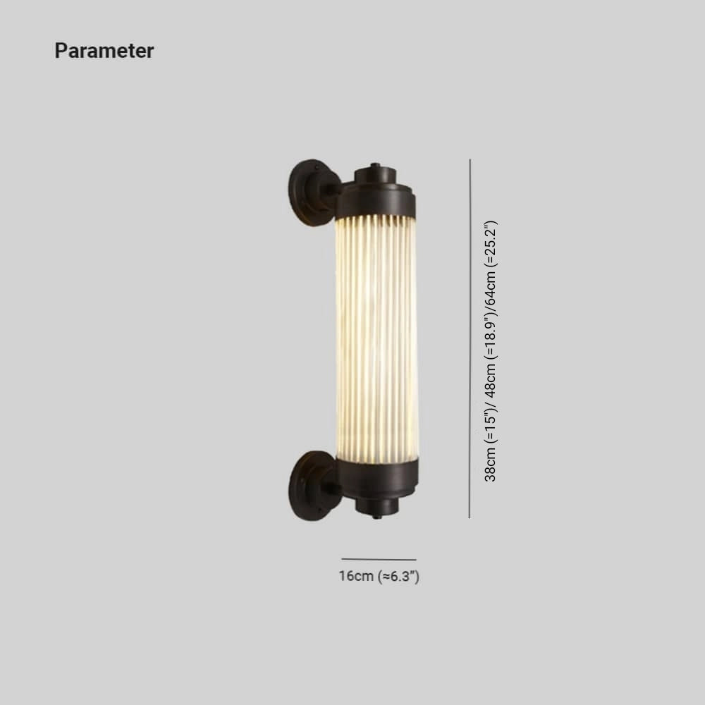 Bronze vintage glass tube wall sconce with industrial design, featuring a cylindrical glass tube and metal components, suitable for bathroom lighting.