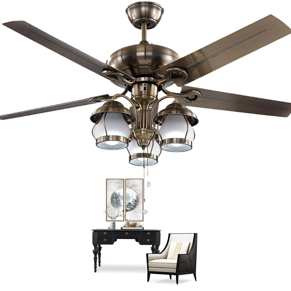 Brushed nickel ceiling fan with five blades and integrated lights, featuring a pull chain for indoor use.