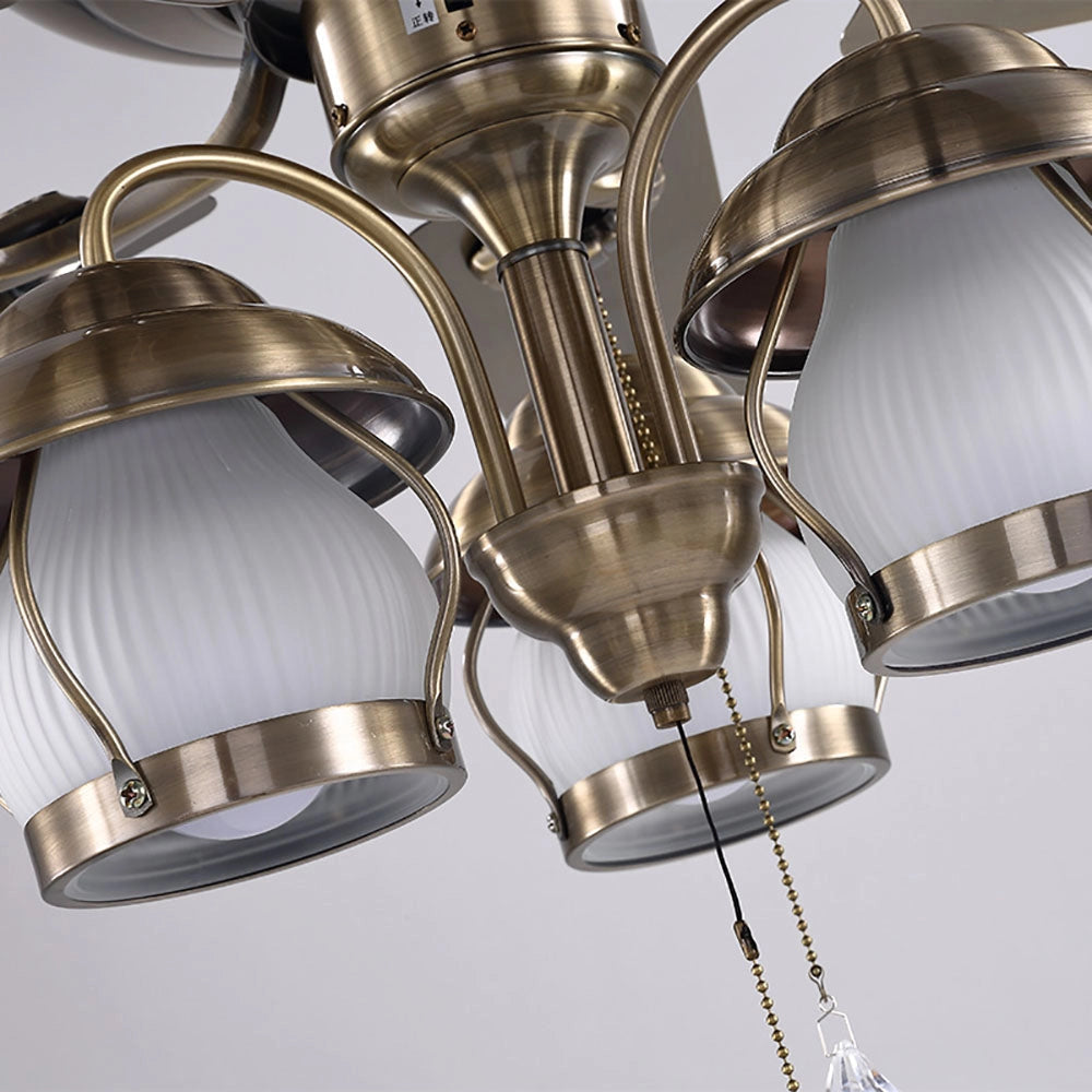 Brushed nickel ceiling fan with five blades, integrated lights, and a pull chain, designed for indoor use.