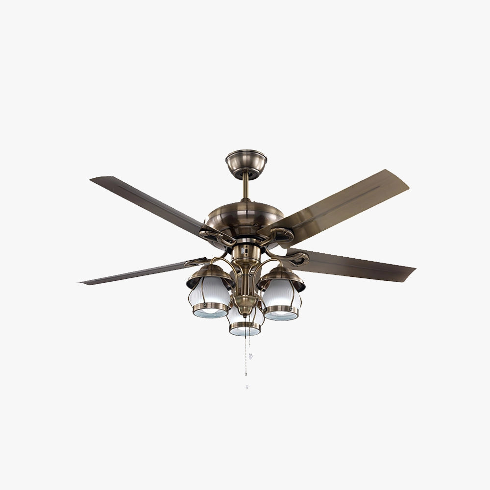 Brushed nickel 5-blade ceiling fan with integrated lights and pull chain, designed for indoor use, featuring a sleek and modern aesthetic.