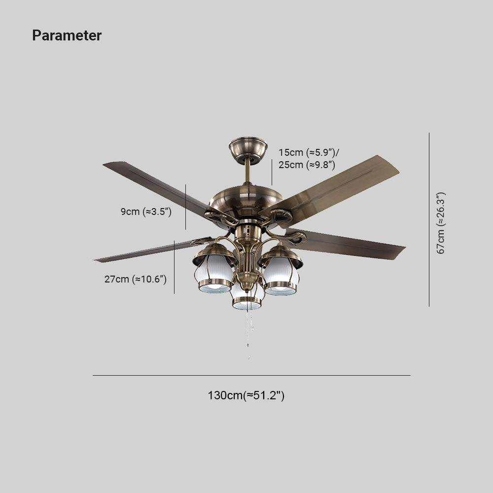 Brushed nickel 5-blade ceiling fan with lights and pull chain in an indoor setting.