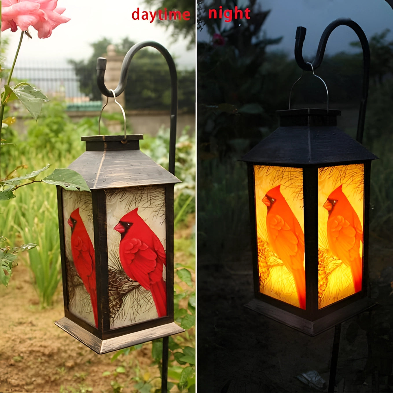 Rustic outdoor hanging lantern featuring a cardinal bird design, surrounded by plants and wooden elements.