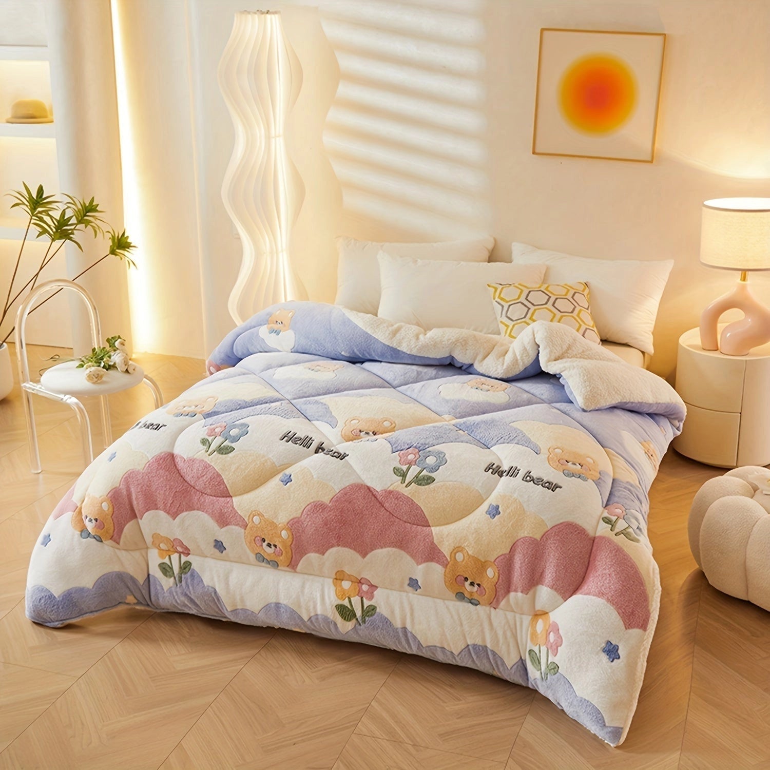 Cartoon bear-themed kids quilt bedding set featuring soft pastel colors and cloud patterns, displayed on a neatly made bed with a wooden frame, placed on a hardwood floor in a cozy and comfort-oriented interior.