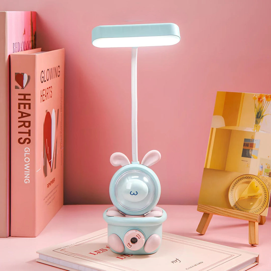 Cartoon Bunny LED Desk Lamp in blue, featuring a USB rechargeable design and touch control functionality, with a cute bunny shape ideal for kids' rooms or as a whimsical decor piece.