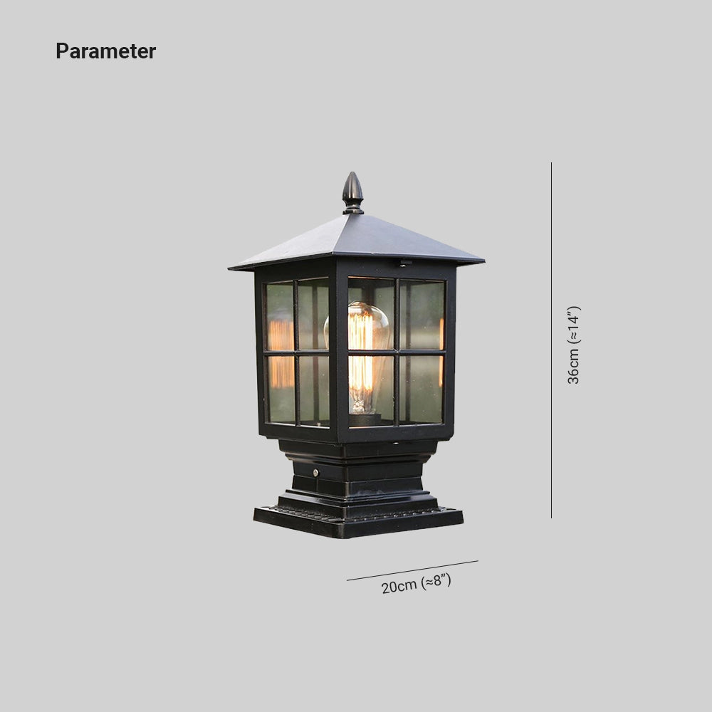 A classic vintage-style metal lantern mounted on a wooden facade, featuring a rectangular design and weather-resistant properties, used as an outdoor light fixture.