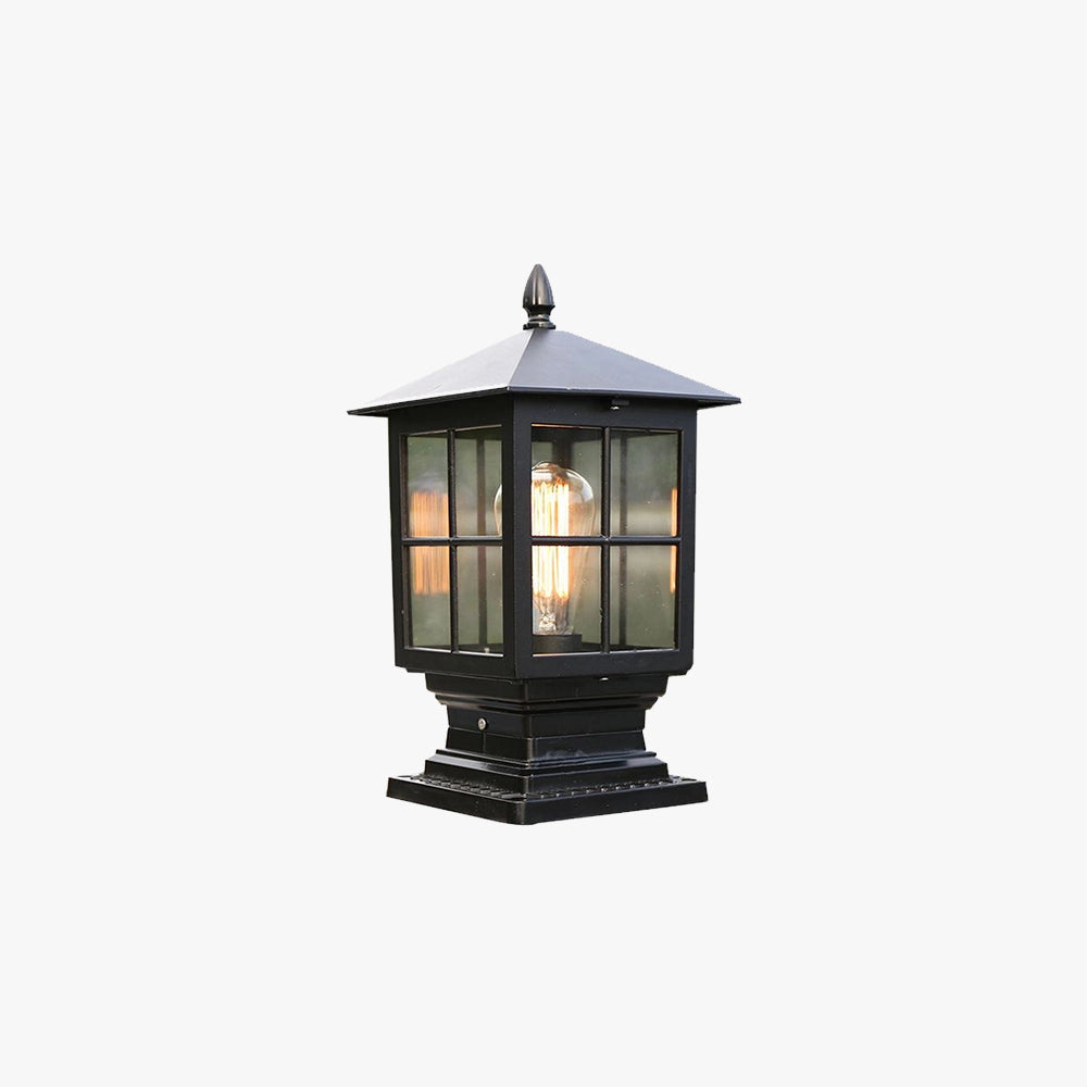 Classic vintage-style metal lantern with a rectangular shape, designed for outdoor use, featuring a weather-resistant finish and a light fixture resembling a traditional street light sconce.