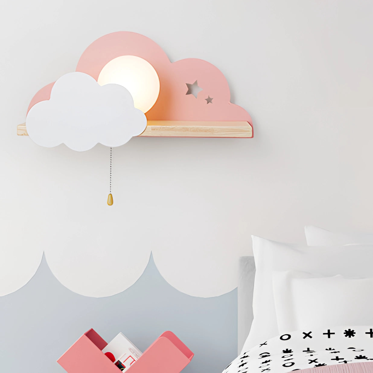 Cloud-shaped LED wall lamp for children's room, designed as a star night light fixture with a playful and artistic appearance. The lamp features a pink and red color scheme, evoking a happy and comforting atmosphere, and is mounted as a wall sticker.