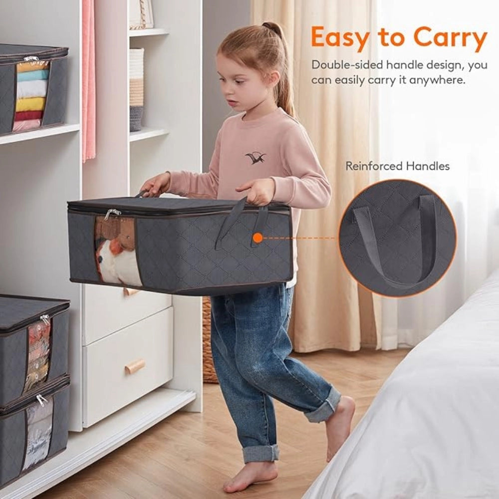 Collapsible fabric storage bins stacked in a closet, organized neatly for storing clothes such as jeans and other apparel, with a focus on maximizing space and maintaining order.