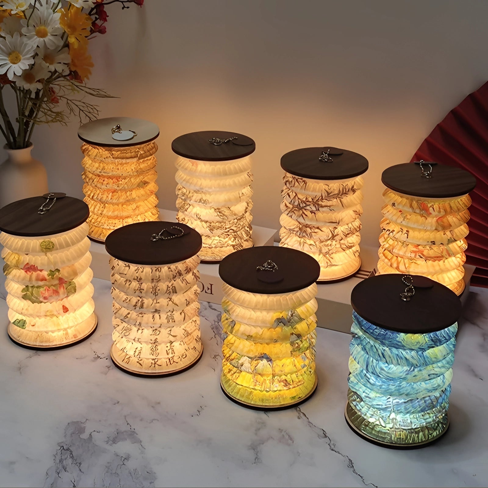 Collapsible Wood Grain LED Table Lamp with a modern design, showcasing a cylindrical shape and a wood grain finish.