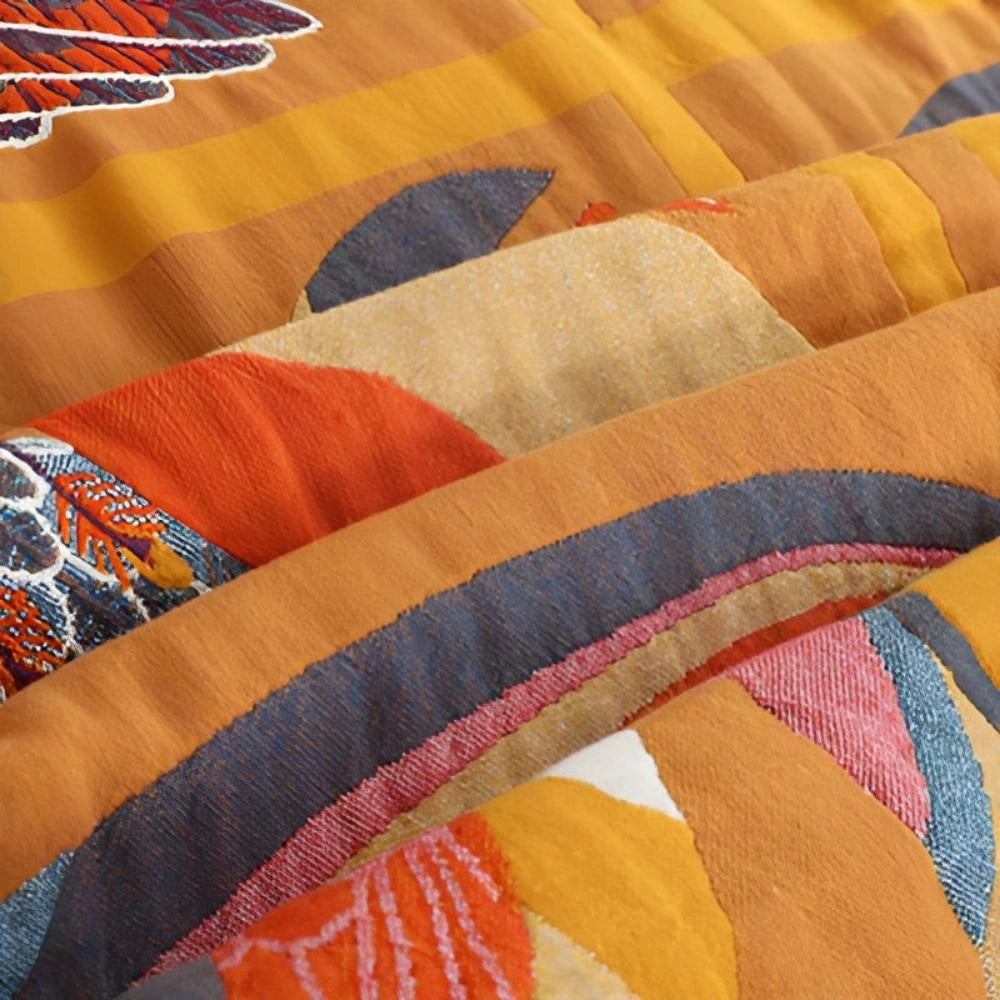 Colorful Bird Duvet Cover featuring an artistic wildlife design with vibrant orange and red patterns on a textile background.
