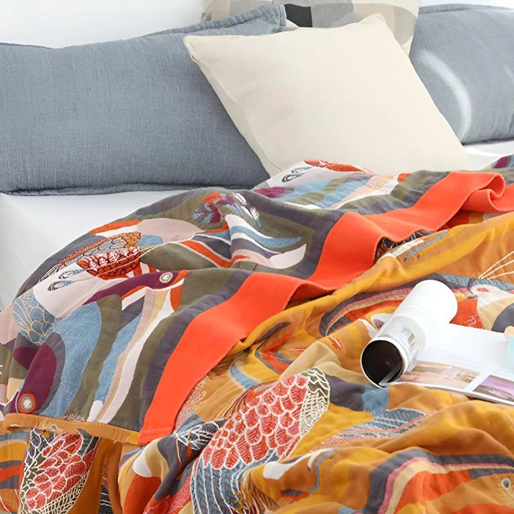 Colorful bird duvet cover with an artistic wildlife design featuring vibrant patterns and colors, displayed as part of a comfortable and stylish bedding set.