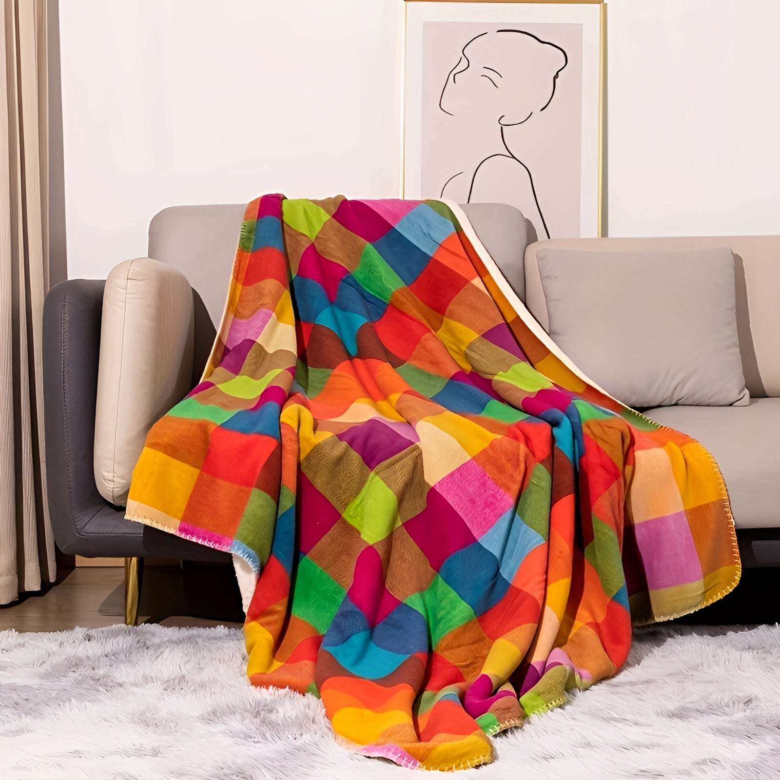 A vibrant and colorful geometric throw blanket draped over a studio couch, adding an artistic touch to the decor. The setting includes a comfortable arrangement with pillows, a wooden bed frame, and a curtain in the background, creating a cozy and artistic environment.