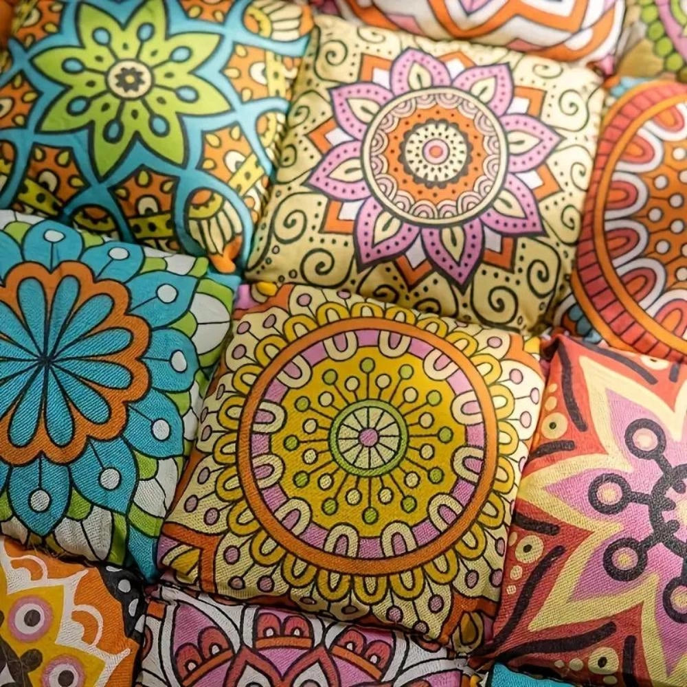 Colorful mandala bohemian throw pillow featuring a symmetrical pattern with artistic motifs in vibrant hues, ideal for unique living room decor.
