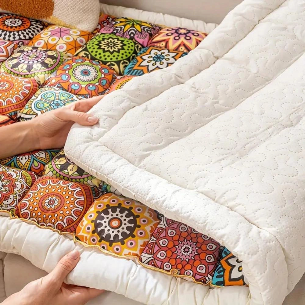 Colorful mandala bohemian throw pillows featuring intricate patterns and vibrant yellow accents, adding a touch of creative art and comfort to living room decor.