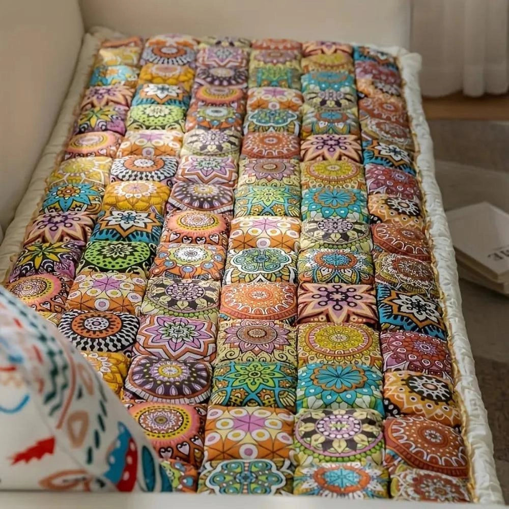 Colorful Mandala Bohemian Throw Pillows displayed on a wooden floor, featuring intricate patterns and vibrant colors, enhancing a creative and artistic living room decor.