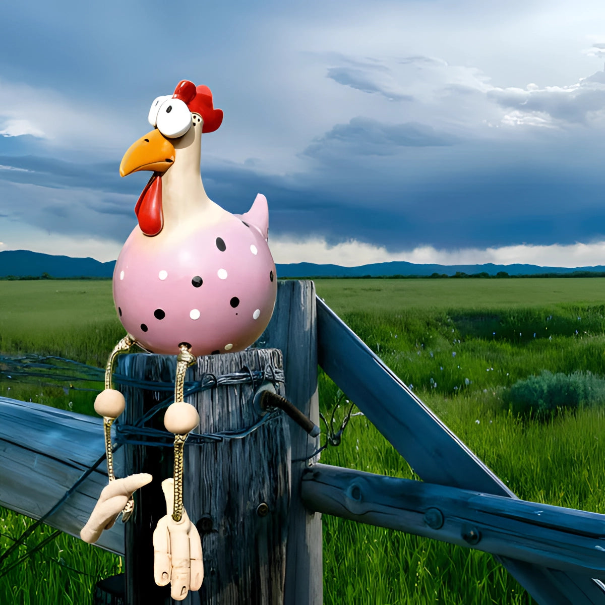 A vibrant pink metal chicken sculpture standing on grass under a partly cloudy sky, surrounded by greenery, adding a quirky and cheerful touch to the garden.