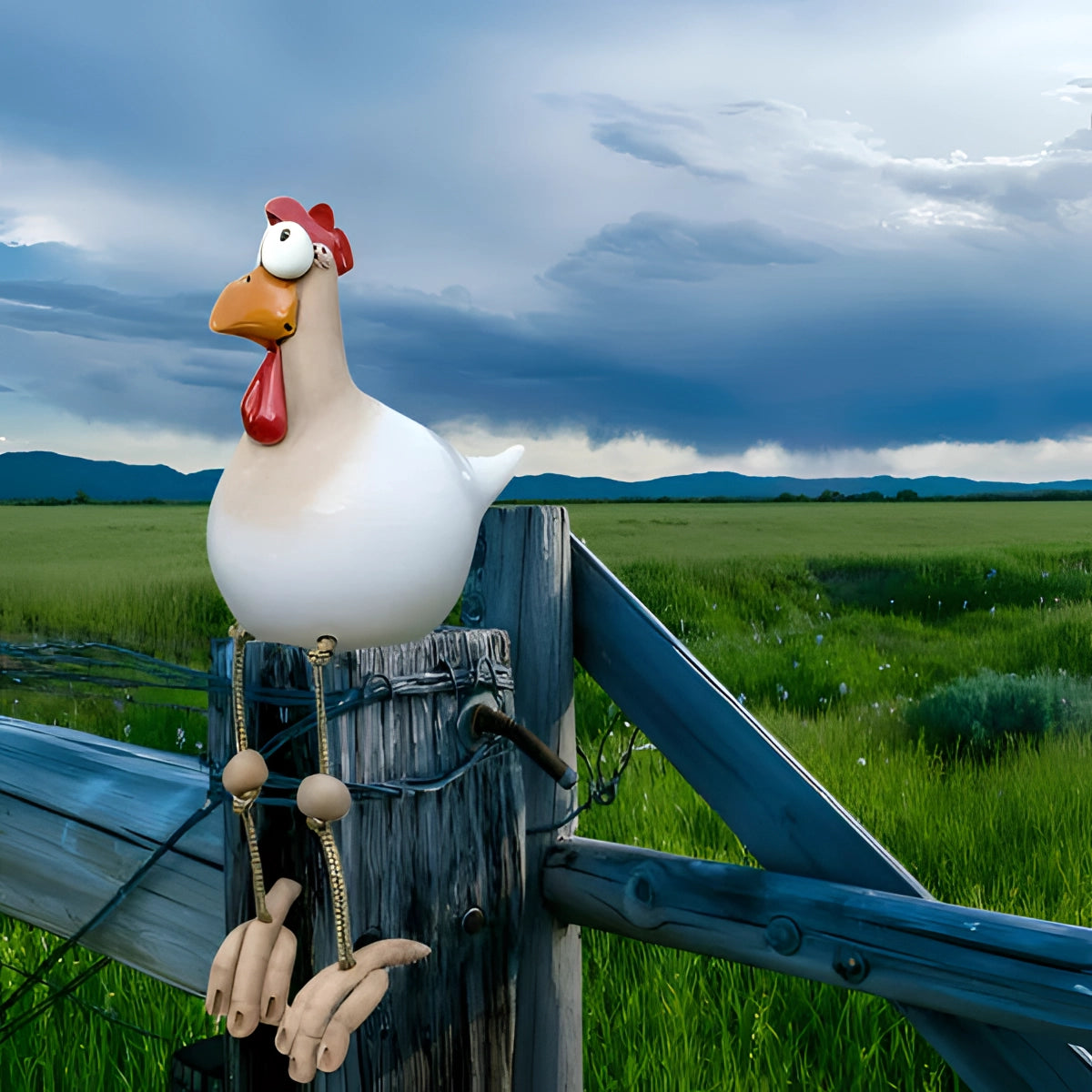 A white metal chicken sculpture with colorful accents stands on green grass under a blue sky with scattered clouds. The whimsical outdoor decor piece features a vibrant beak and a playful design, adding a quirky touch to the natural surroundings.