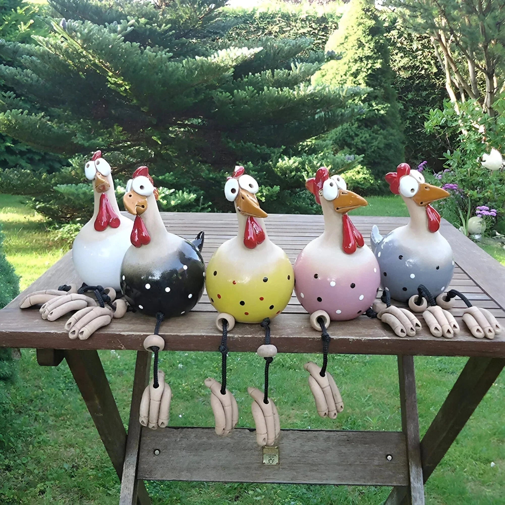 Colorful metal garden chicken sculptures set on a green lawn, designed as quirky outdoor decor featuring vibrant colors and playful expressions, surrounded by plants and trees, creating a cheerful and whimsical atmosphere.
