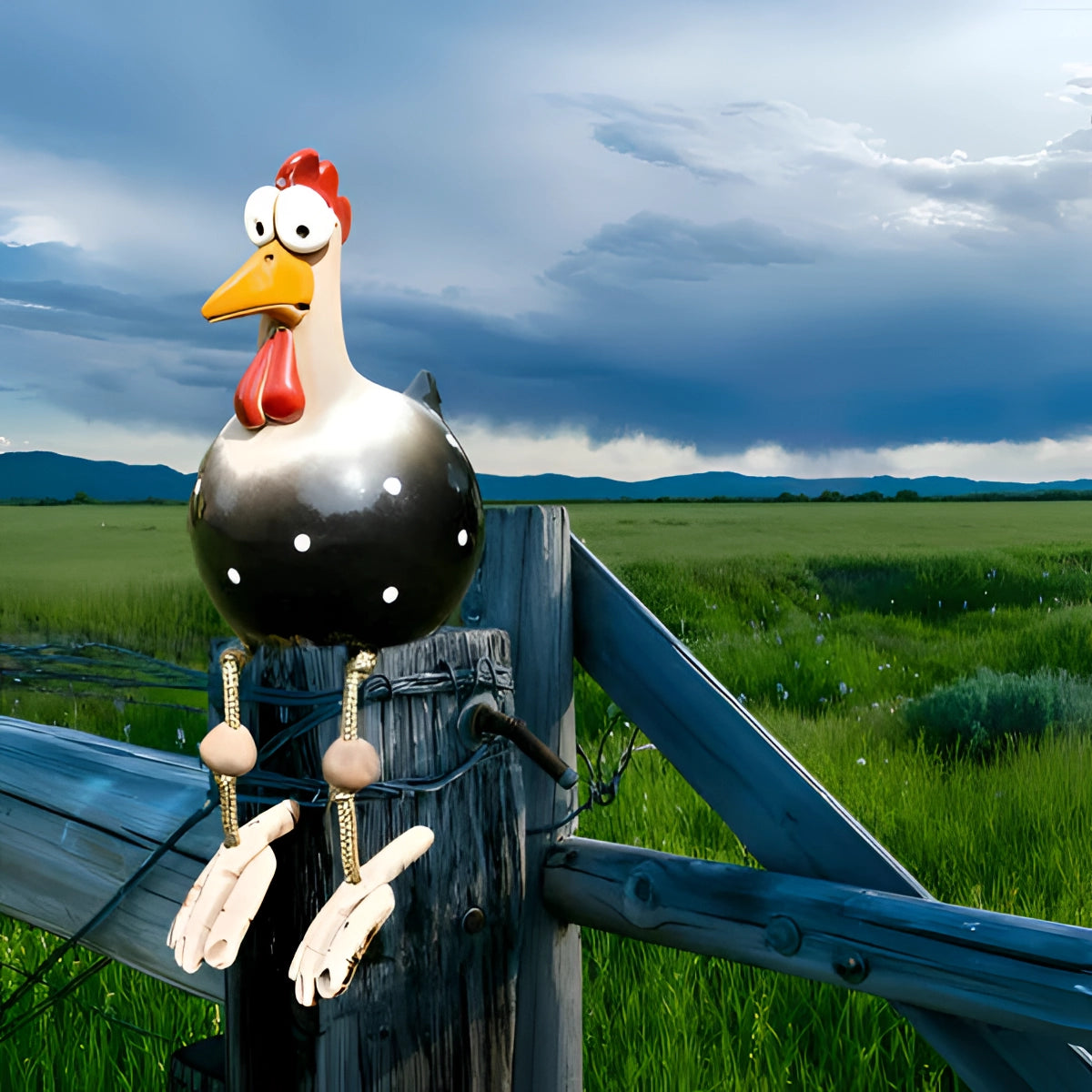 Black metal garden chicken sculpture displayed outdoors against a backdrop of a blue sky with scattered clouds, surrounded by plants and grass.
