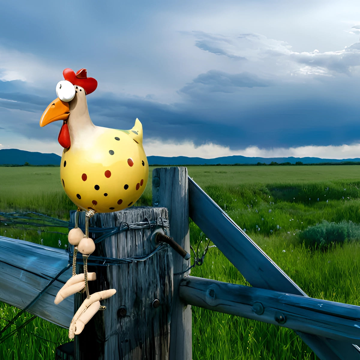 A quirky yellow metal chicken sculpture standing in a garden setting, surrounded by greenery under a partly cloudy sky.
