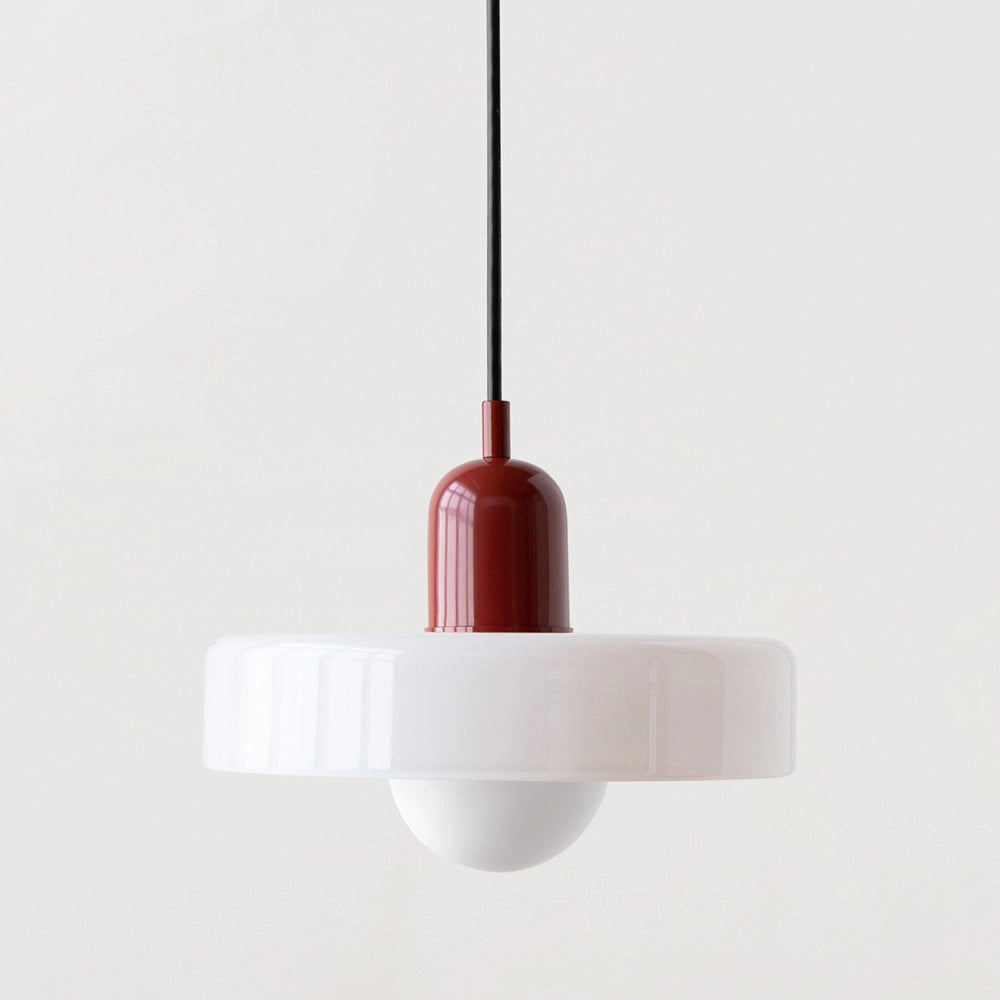 A set of colorful modern pendant lights with a chic industrial design, featuring adjustable height and a white and red color scheme, measuring 35 x 22 cm.