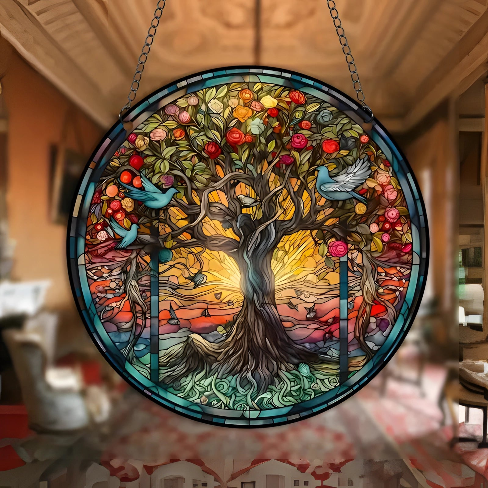 Colorful Tree of Life stained glass suncatcher hanging in a window, showcasing intricate bohemian art design with vibrant tints and shades.