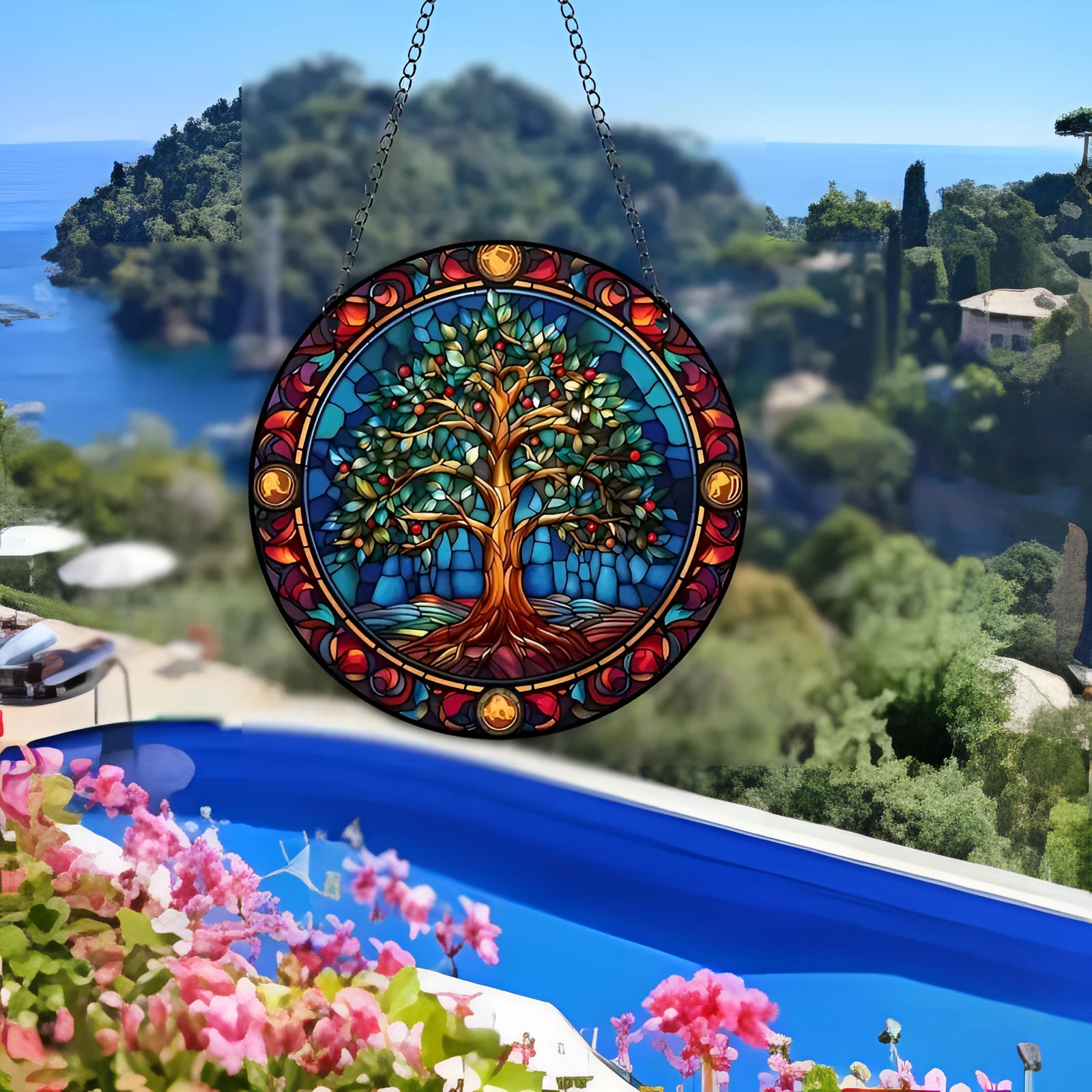 Colorful Tree of Life stained glass suncatcher featuring a vibrant bohemian design with blue sky and nature-inspired elements.