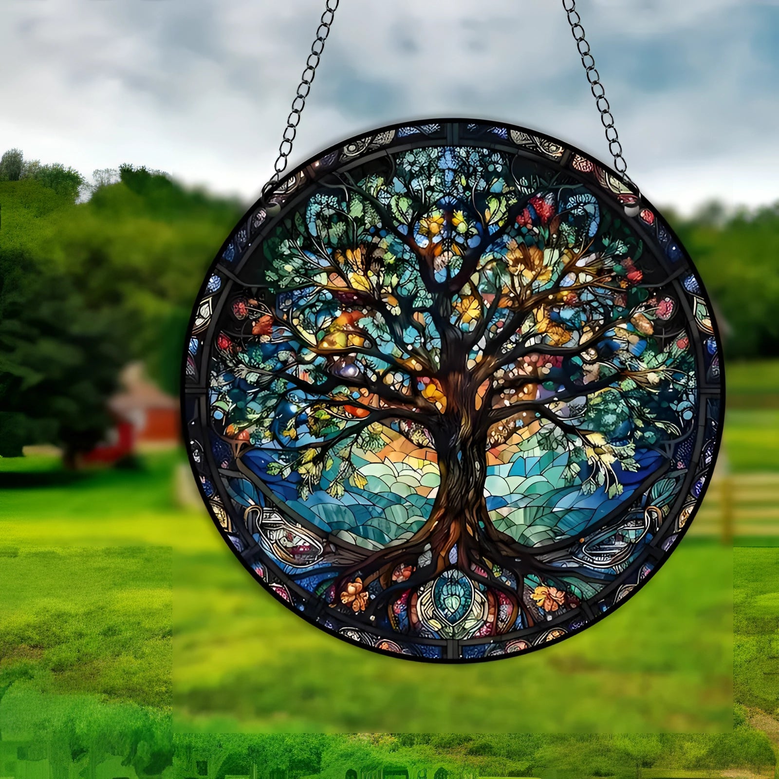 Colorful Tree of Life stained glass suncatcher hanging on a window, featuring vibrant shades of green, blue, and red in a circular design with a bohemian style.