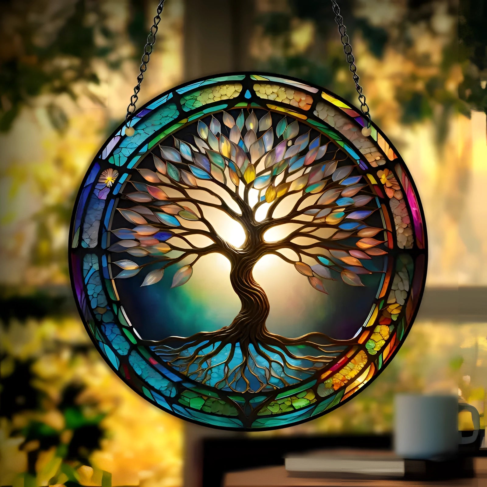 Colorful Tree of Life stained glass suncatcher featuring a vibrant tree design with branches, displayed in a circular frame, hanging in a window.