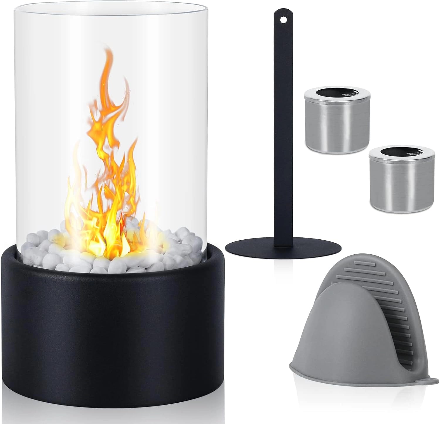 Compact black bio ethanol tabletop fireplace with a cylindrical design, ventless for indoor use, showcasing a visible flame heater element.