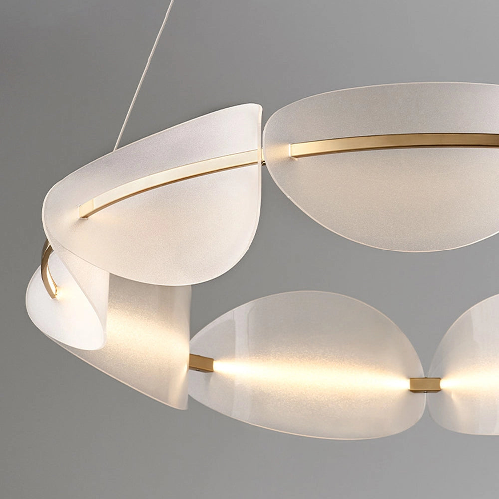Modern circular LED chandelier with gold accents, featuring a sleek and artistic design. The chandelier includes circular and rectangular elements, with a blend of wood and metal materials, creating a contemporary and elegant lighting fixture.