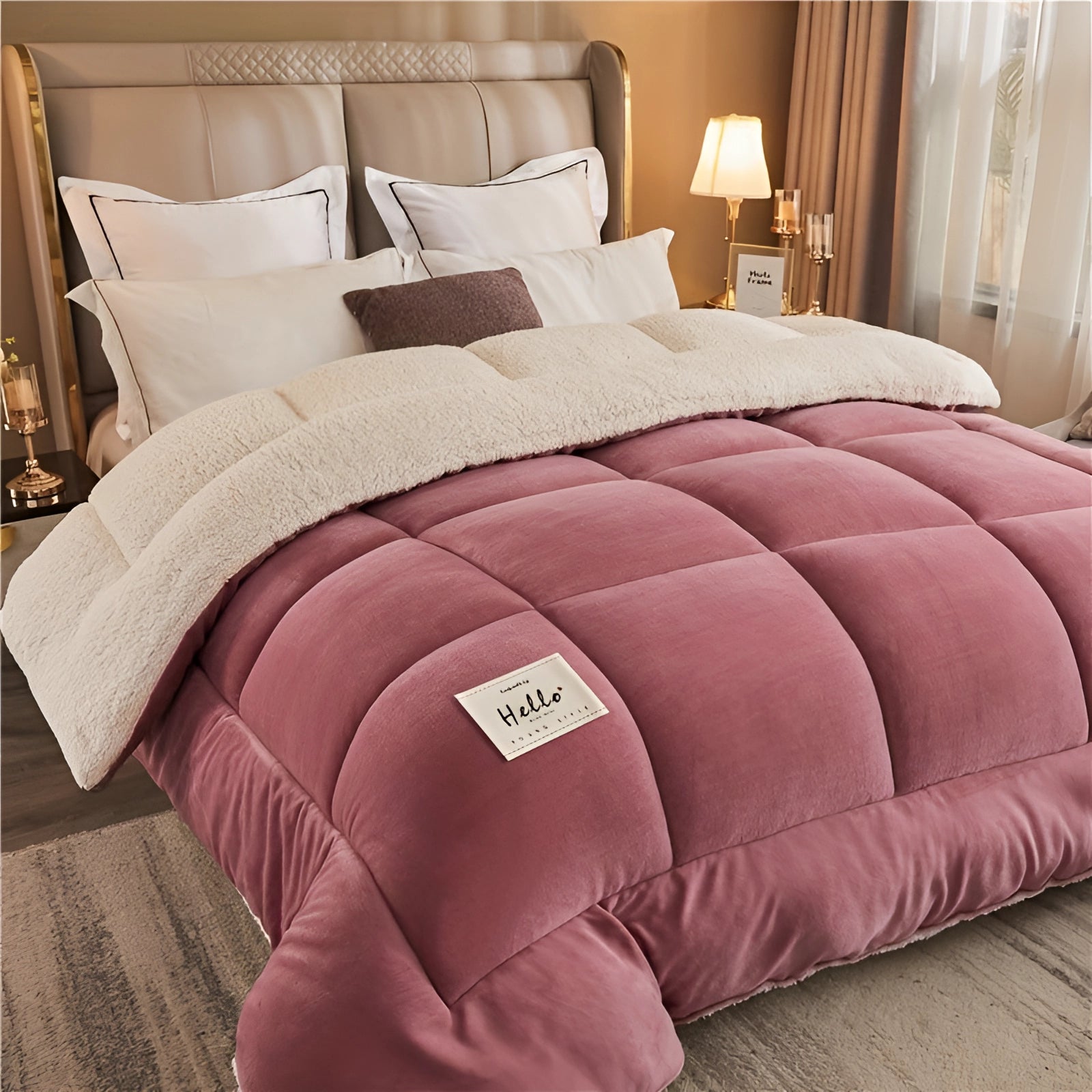 Convertible pink sherpa chair bed in a spacious room, showcasing its multifunctional design, with a soft textile surface and a sturdy bed frame on a wooden floor.