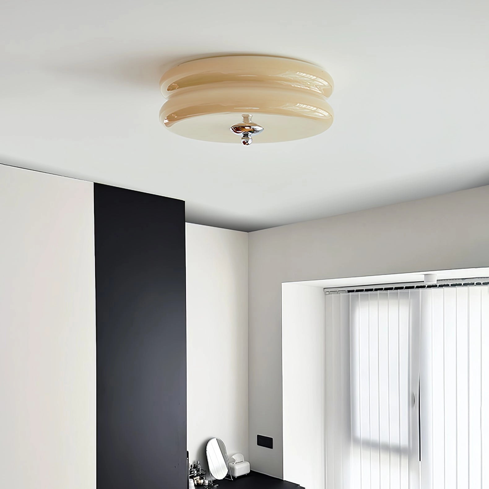 Cream ceiling lamp with a modern frosted glass fixture and wooden accents mounted on a ceiling, providing soft ambient lighting.