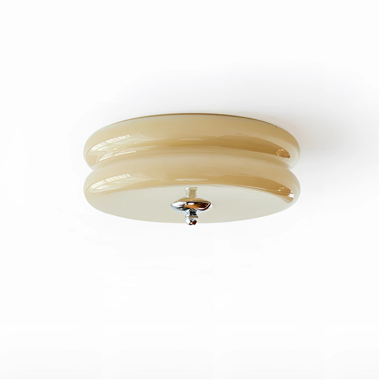 Modern cream ceiling lamp with a frosted glass fixture, featuring a circular design in chrome and beige. The lamp is installed on a ceiling, showcasing its elegant blend of metal and wood materials. Measures 40cm in diameter and 13cm in height.