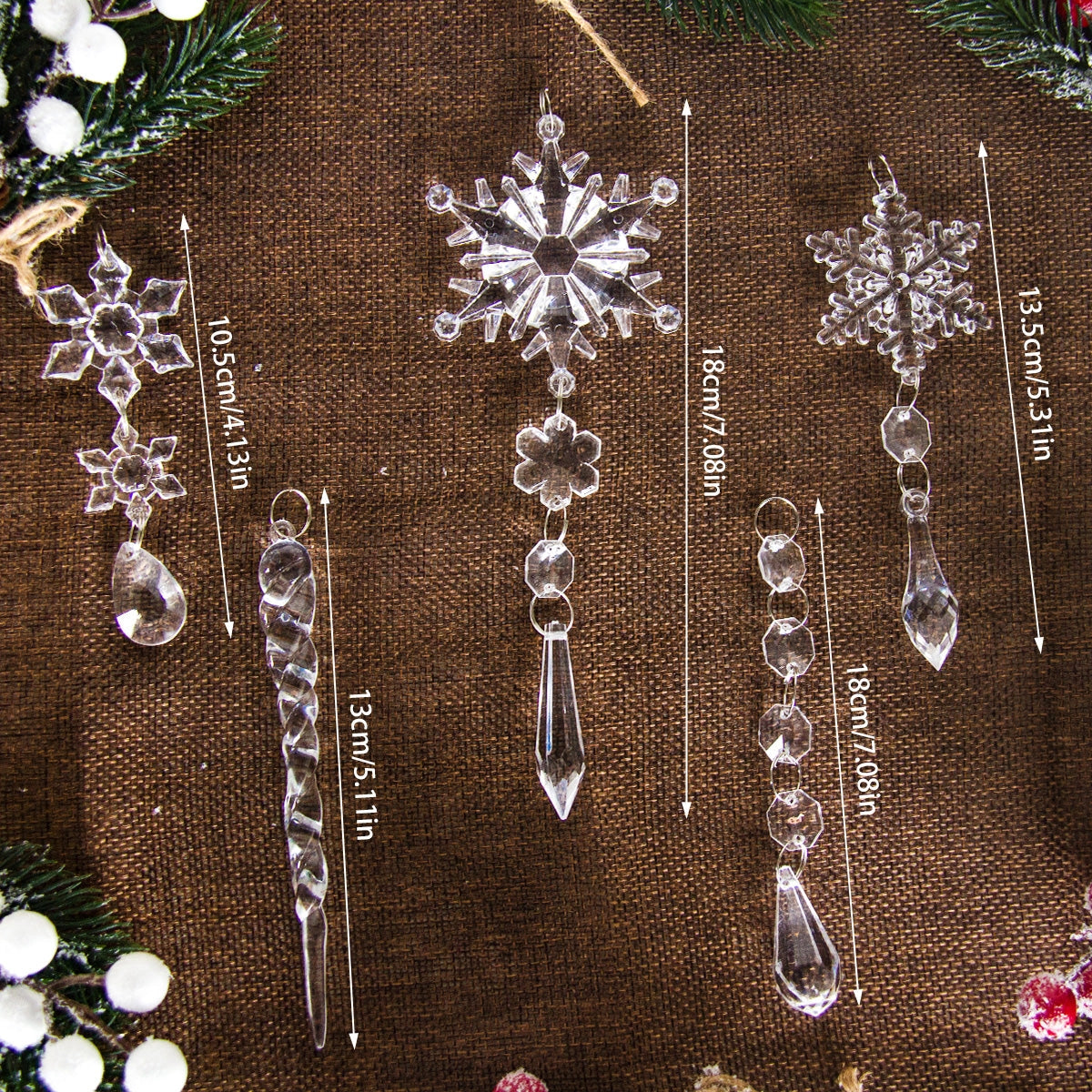 Crystal snowflake ornaments hanging on a wooden surface, showcasing intricate glass design and luxurious craftsmanship for Christmas decor.