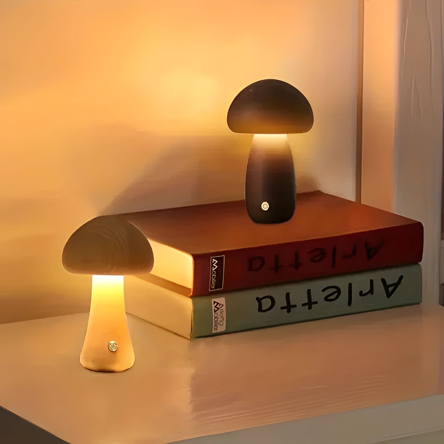 Designer mushroom lamp with a dimmable feature and wooden base, placed on a table in a modern minimalist interior setting. The lamp's unique design complements surrounding furniture, including shelving and a bookcase, highlighting the interplay of light and shadow.