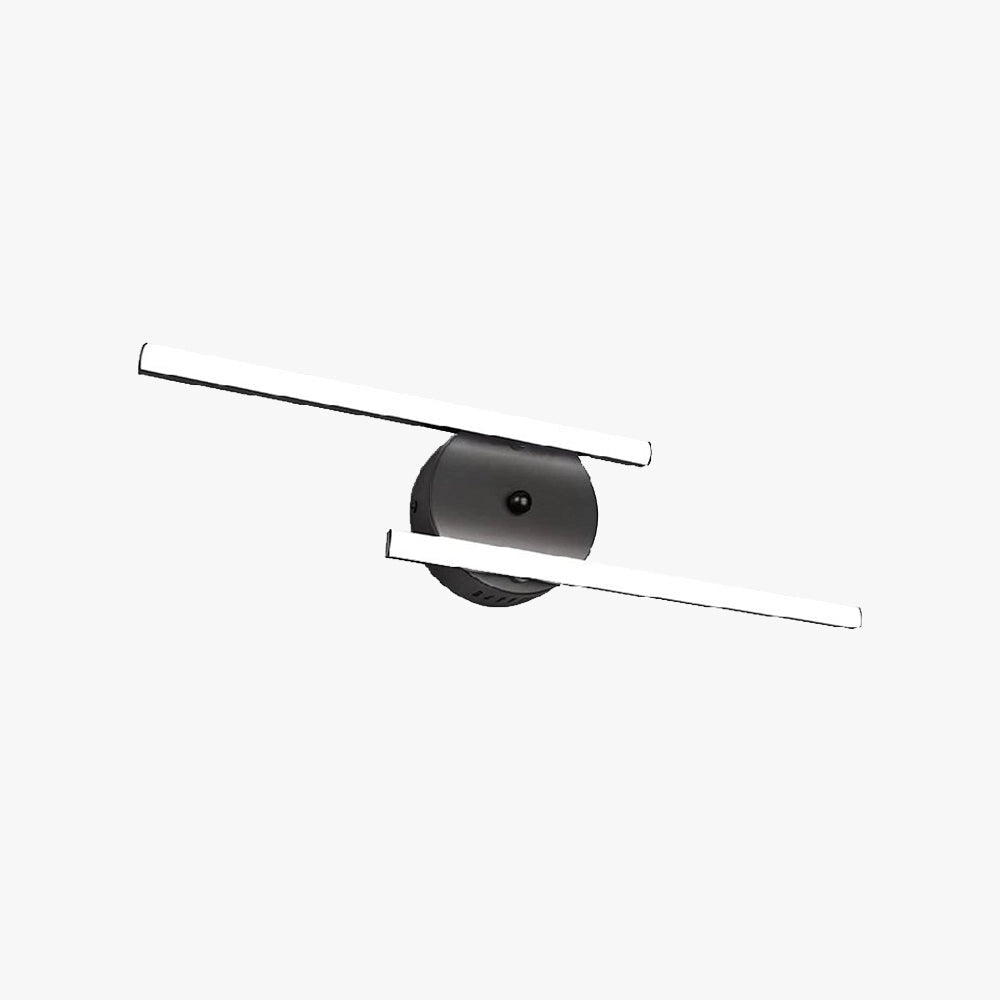 A modern minimalist LED wall sconce with dual adjustable arms mounted on a wall, showcasing a sleek and contemporary design suitable for enhancing interior lighting aesthetics.