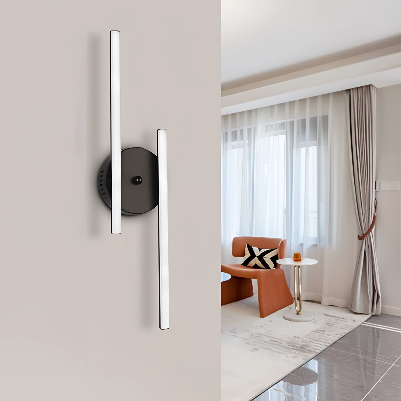 Dual-arm adjustable LED wall sconce with a modern minimalist design, mounted on a wooden wall in a cozy living room setting featuring curtains and a window.