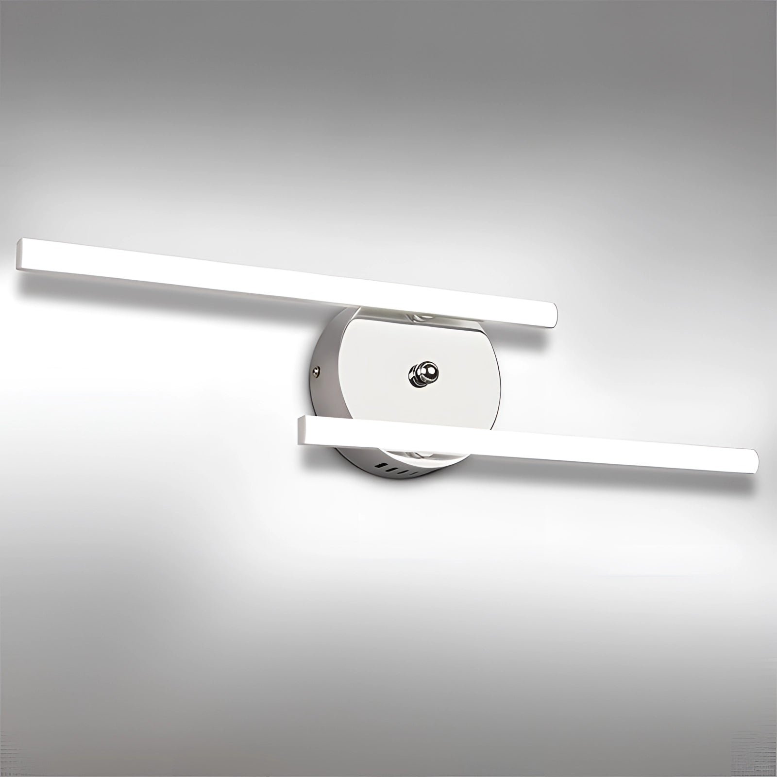 Modern minimalist dual-arm adjustable LED wall sconce mounted against a plain wall, featuring sleek metal construction and circular design elements.