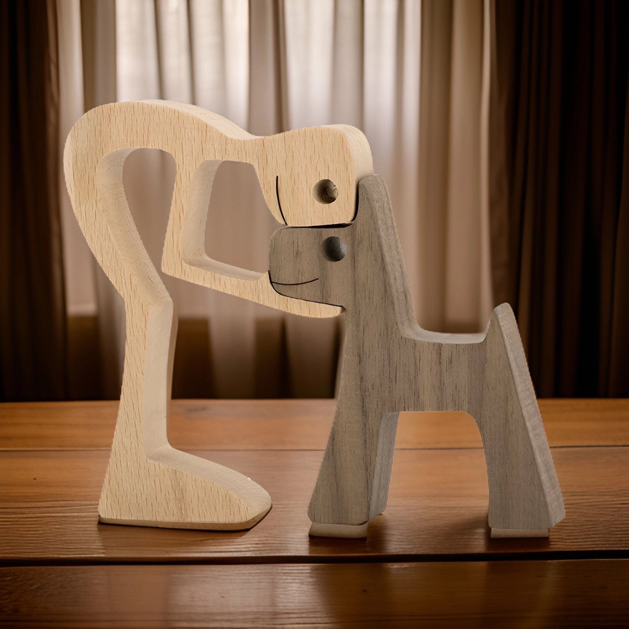 A dual-tone abstract wooden sculpture depicting a man and a dog, designed as unique modern home decor, with intricate details highlighting the texture of the wood.