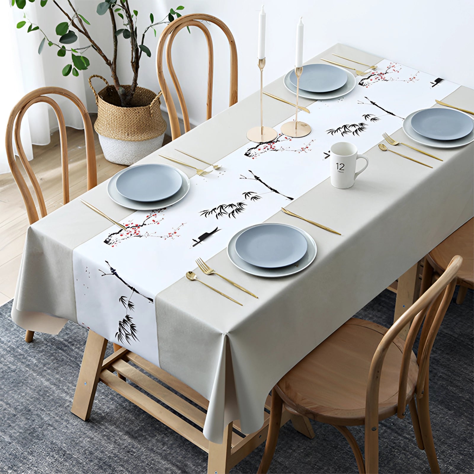 Eco-friendly durable PVC tablecloth in white, covering a square table sized 140x140 cm, adorned with tableware and drinkware, complemented by a small plant for decoration.