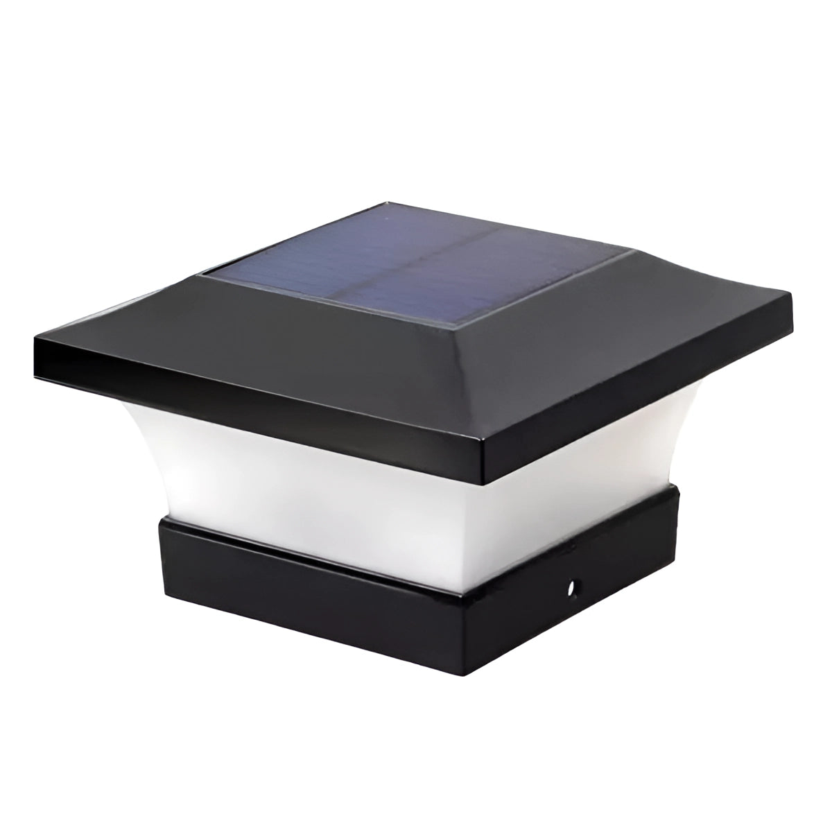 Eco-Friendly LED Solar Post Cap Light with dusk-to-dawn sensor, rectangular design with electric blue accents and composite material construction.