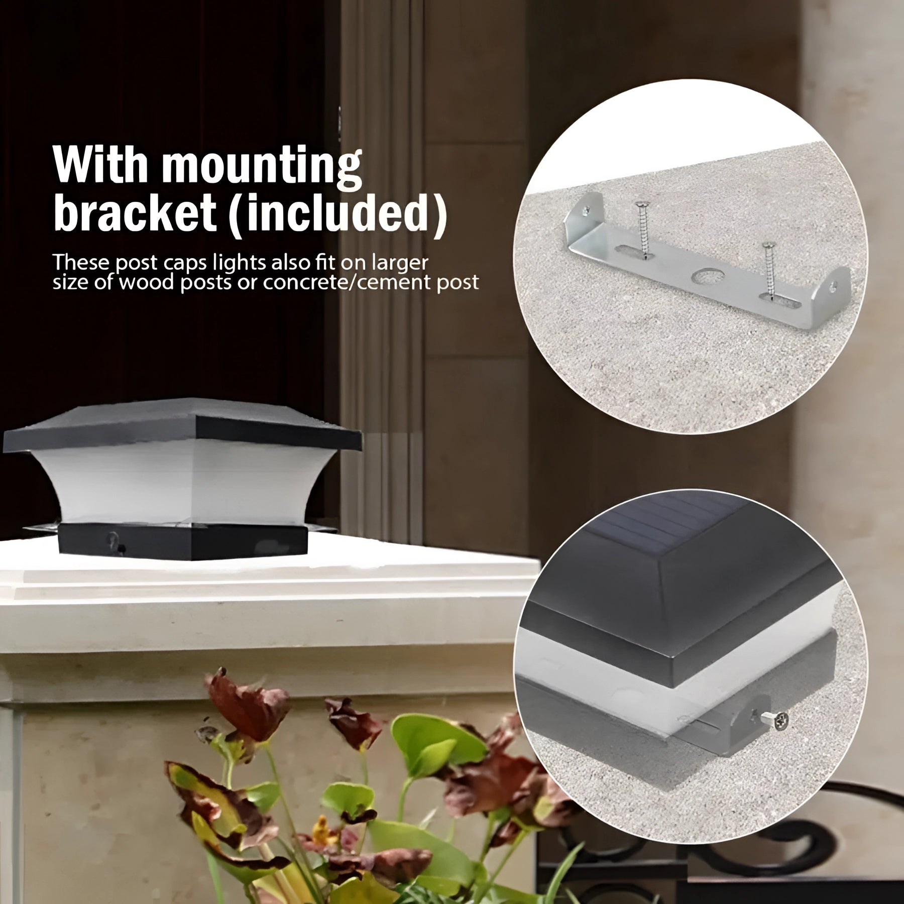Eco-Friendly LED Solar Post Cap Light mounted on a wooden post, featuring a sleek rectangular design suitable for outdoor use.